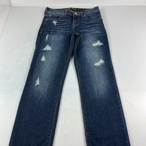 Express Jeans Women's 0 Cropped Skinny Fit Blue Whisker Distressed Stretch Denim